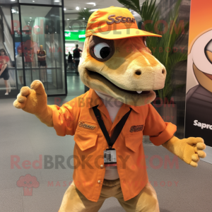 Orange Velociraptor mascot costume character dressed with a Cargo Shorts and Berets