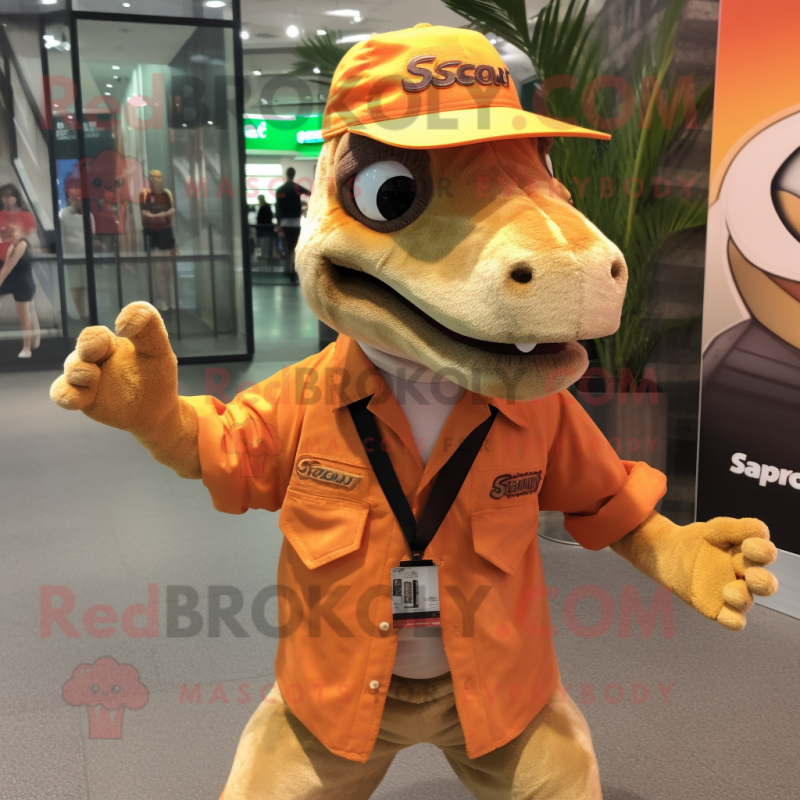 Orange Velociraptor mascot costume character dressed with a Cargo Shorts and Berets Orange Velociraptor mascot costume character dressed with a Cargo Shorts and Berets