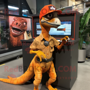 Orange Velociraptor mascot costume character dressed with a Cargo Shorts and Berets