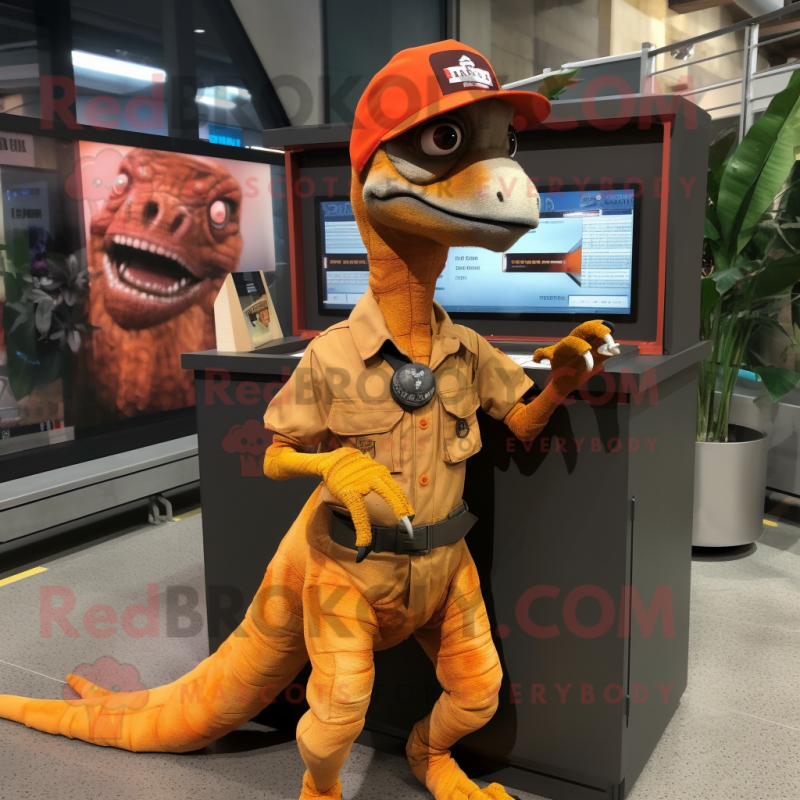 Orange Velociraptor mascot costume character dressed with a Cargo Shorts and Berets