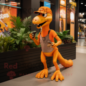 Orange Velociraptor mascot costume character dressed with a Cargo Shorts and Berets