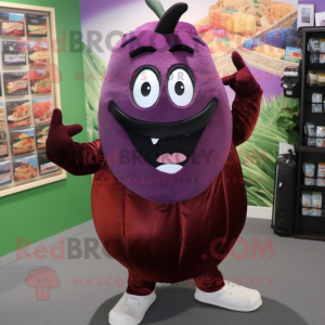Maroon Eggplant mascot costume character dressed with a V-Neck Tee and Backpacks