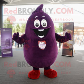 Maroon Eggplant mascot costume character dressed with a V-Neck Tee and Backpacks