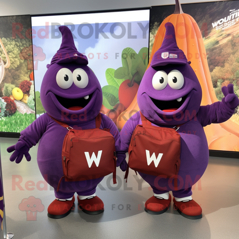 Maroon Eggplant mascot costume character dressed with a V-Neck Tee and Backpacks