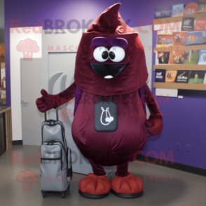 Maroon Eggplant mascot costume character dressed with a V-Neck Tee and Backpacks