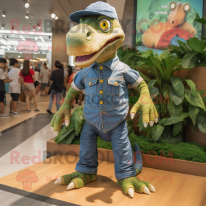 Olive Spinosaurus mascot costume character dressed with a Denim Shorts and Watches