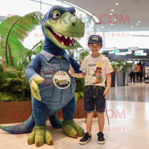Olive Spinosaurus mascot costume character dressed with a Denim Shorts and Watches