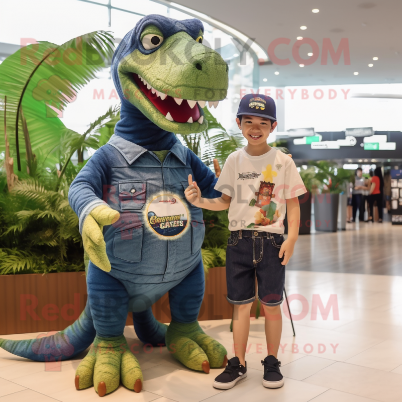 Olive Spinosaurus mascot costume character dressed with a Denim Shorts and Watches Olive Spinosaurus mascot costume character dressed with a Denim Shorts and Watches