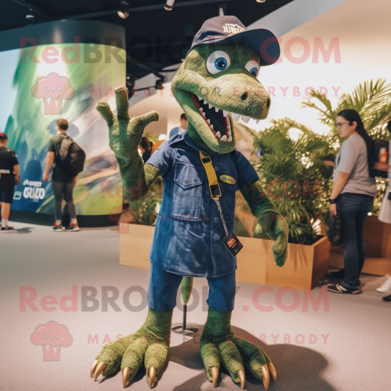 Olive Spinosaurus mascot costume character dressed with a Denim Shorts and Watches