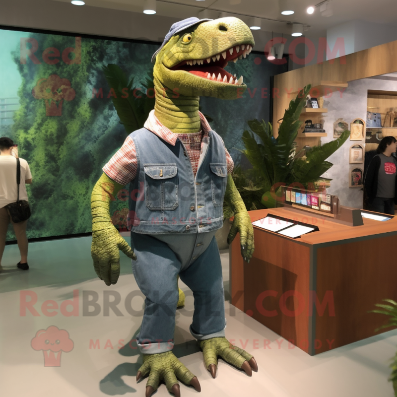 Olive Spinosaurus mascot costume character dressed with a Denim Shorts and Watches