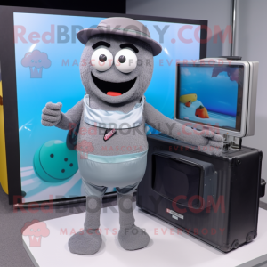 Gray Television mascot costume character dressed with a Bikini and Messenger bags