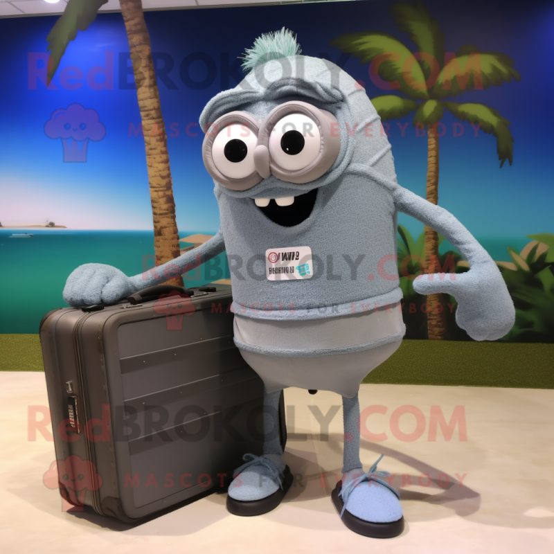 Gray Television mascot costume character dressed with a Bikini and Messenger bags