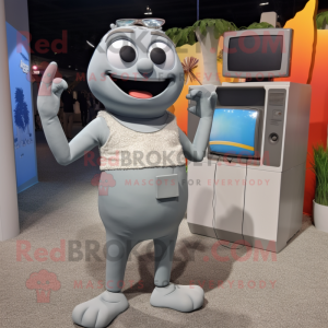 Gray Television mascot costume character dressed with a Bikini and Messenger bags