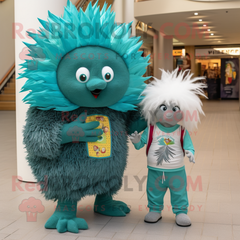 Teal Porcupine mascot costume character dressed with a Mom Jeans and Wraps