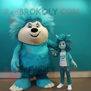 Teal Porcupine mascot costume character dressed with a Mom Jeans and Wraps