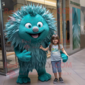 Teal Porcupine mascot costume character dressed with a Mom Jeans and Wraps