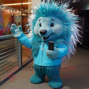 Teal Porcupine mascot costume character dressed with a Mom Jeans and Wraps