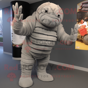 Gray Trilobite mascot costume character dressed with a Turtleneck and Foot pads