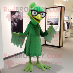 Green Archeopteryx mascot costume character dressed with a Shift Dress and Eyeglasses