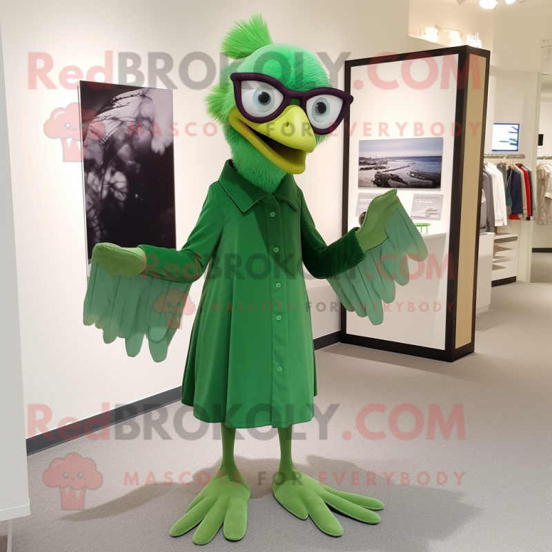 Green Archeopteryx mascot costume character dressed with a Shift Dress and Eyeglasses Green Archeopteryx mascot costume character dressed with a Shift Dress and Eyeglasses