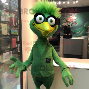 Green Archeopteryx mascot costume character dressed with a Shift Dress and Eyeglasses