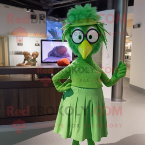 Green Archeopteryx mascot costume character dressed with a Shift Dress and Eyeglasses