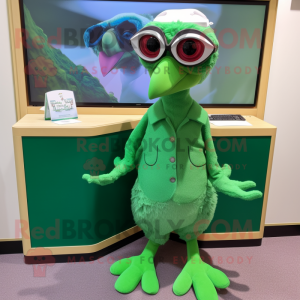 Green Archeopteryx mascot costume character dressed with a Shift Dress and Eyeglasses