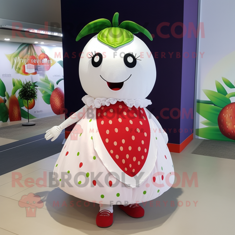 White Strawberry mascot costume character dressed with a A-Line Skirt and Necklaces White Strawberry mascot costume character dressed with a A-Line Skirt and Necklaces