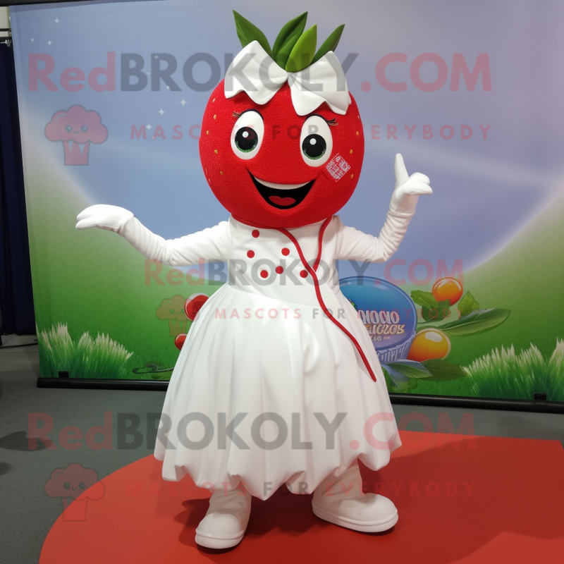 White Strawberry mascot costume character dressed with a A-Line Skirt and Necklaces White Strawberry mascot costume character dressed with a A-Line Skirt and Necklaces