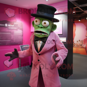 Pink Frankenstein mascot costume character dressed with a Suit Jacket and Berets