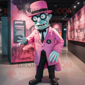 Pink Frankenstein mascot costume character dressed with a Suit Jacket and Berets