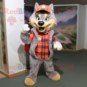 Peach Say Wolf mascot costume character dressed with a Flannel Shirt and Shoe laces