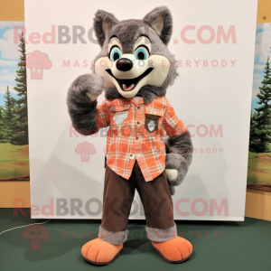 Peach Say Wolf mascot costume character dressed with a Flannel Shirt and Shoe laces