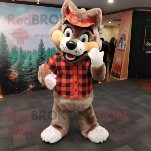 Peach Say Wolf mascot costume character dressed with a Flannel Shirt and Shoe laces