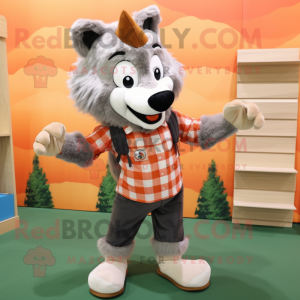 Peach Say Wolf mascot costume character dressed with a Flannel Shirt and Shoe laces