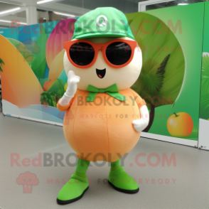 Peach Kiwi mascot costume character dressed with a Jumpsuit and Sunglasses