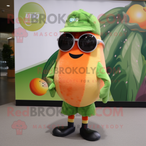 Peach Kiwi mascot costume character dressed with a Jumpsuit and Sunglasses