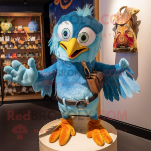 Turquoise Harpy mascot costume character dressed with a Denim Shorts and Brooches