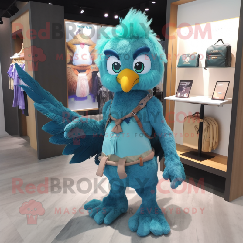 Turquoise Harpy mascot costume character dressed with a Denim Shorts and Brooches Turquoise Harpy mascot costume character dressed with a Denim Shorts and Brooches