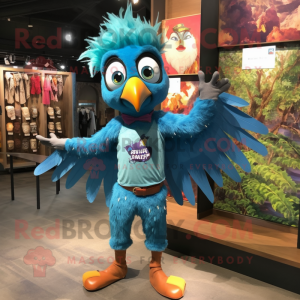 Turquoise Harpy mascot costume character dressed with a Denim Shorts and Brooches