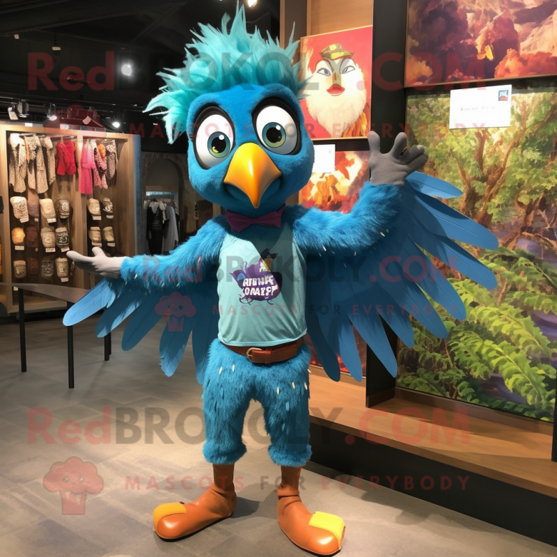 Turquoise Harpy mascot costume character dressed with a Denim Shorts and Brooches Turquoise Harpy mascot costume character dressed with a Denim Shorts and Brooches