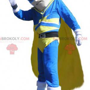 Mascote vigilante de super-heróis em traje azul e amarelo -