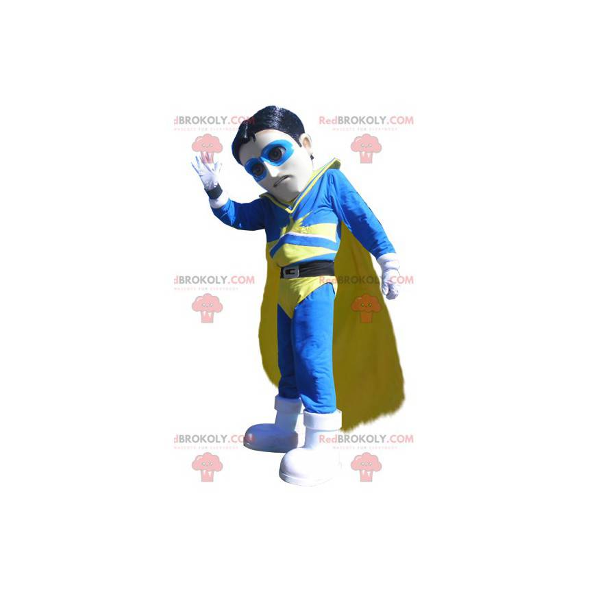 Mascote vigilante de super-heróis em traje azul e amarelo -