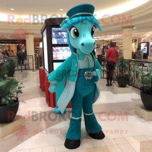 Teal Mare mascot costume character dressed with a Dress Pants and Earrings