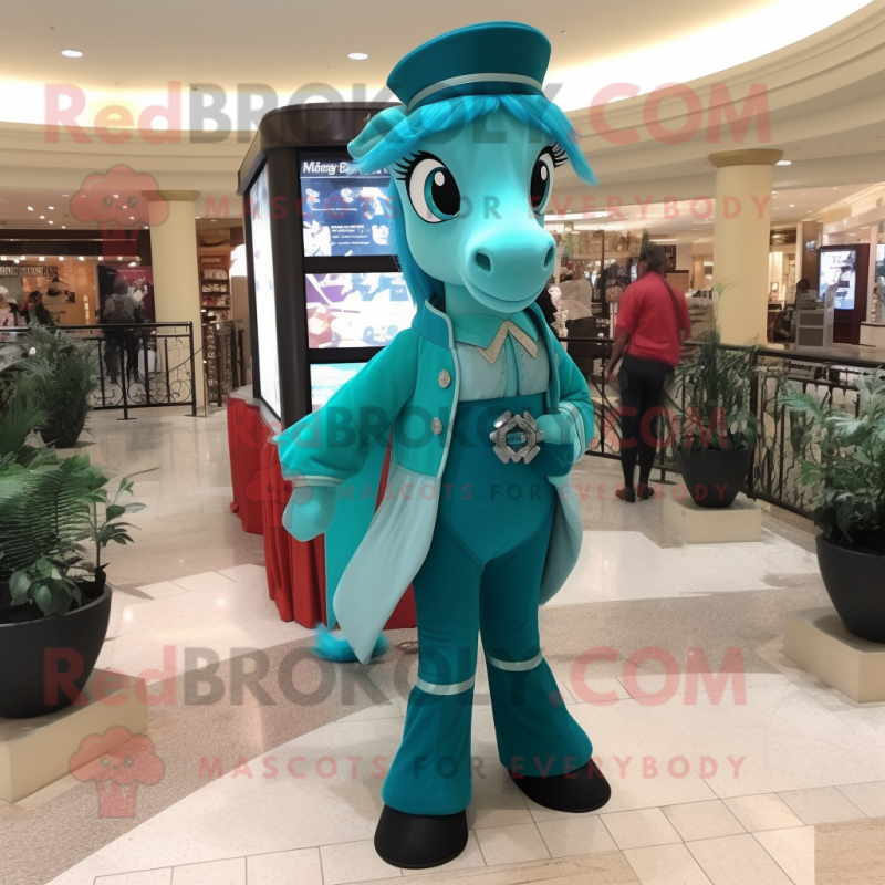 Teal Mare mascot costume character dressed with a Dress Pants and Earrings
