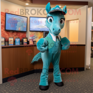 Teal Mare mascot costume character dressed with a Dress Pants and Earrings