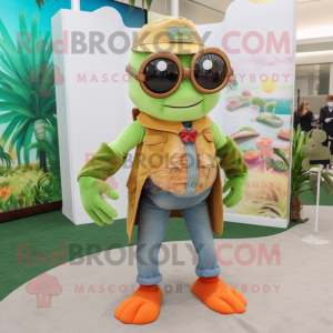Olive Hermit Crab mascot costume character dressed with a Flare Jeans and Reading glasses