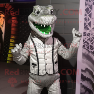 Silver Crocodile mascot costume character dressed with a Vest and Bracelets