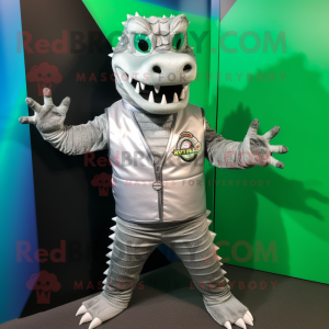 Silver Crocodile mascot costume character dressed with a Vest and Bracelets