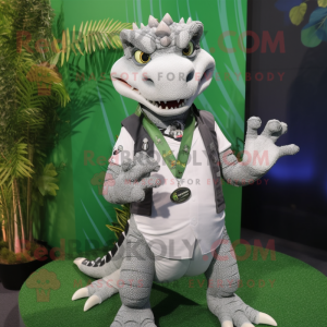 Silver Crocodile mascot costume character dressed with a Vest and Bracelets